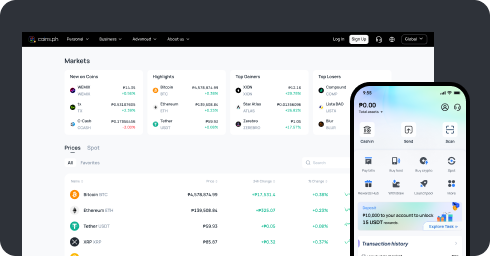 Coins.ph web platform markets tab showing live crypto prices alongside a mobile app mockup displaying the all-in-one super app dashboard