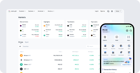 Coins.ph web platform markets tab showing live crypto prices alongside a mobile app mockup displaying the all-in-one super app dashboard