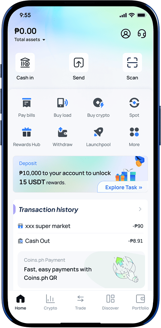 Coins.ph mobile app dashboard on a smartphone showcasing everyday financial features including Pay Bills, Buy Load, Scan to Pay, and Buy Crypto