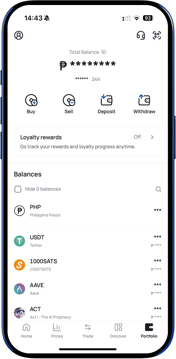 Coins.ph mobile app portfolio interface showing a multi-currency digital wallet with PHP and USDT balances for seamless cross-border remittance to the Philippines