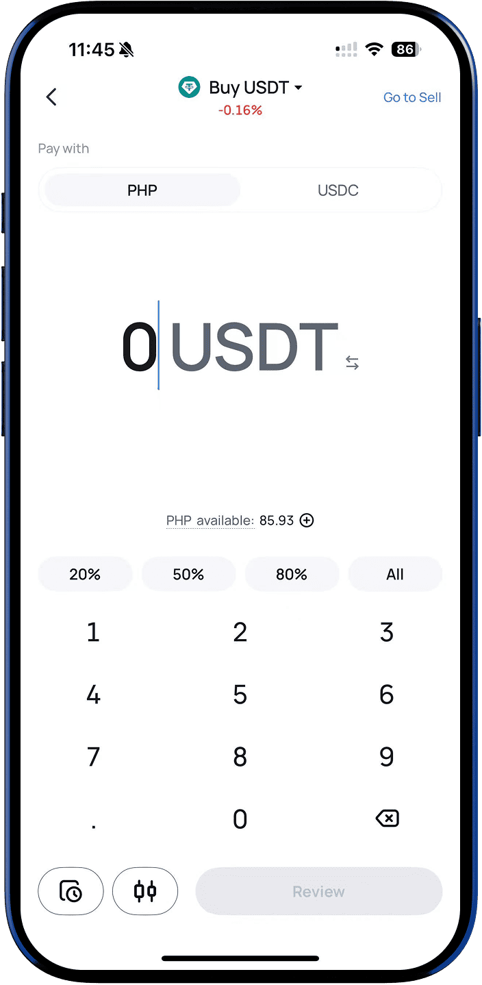 Coins.ph mobile app interface on a smartphone showing a clean crypto trading screen to buy USDT instantly with Philippine Peso (PHP)