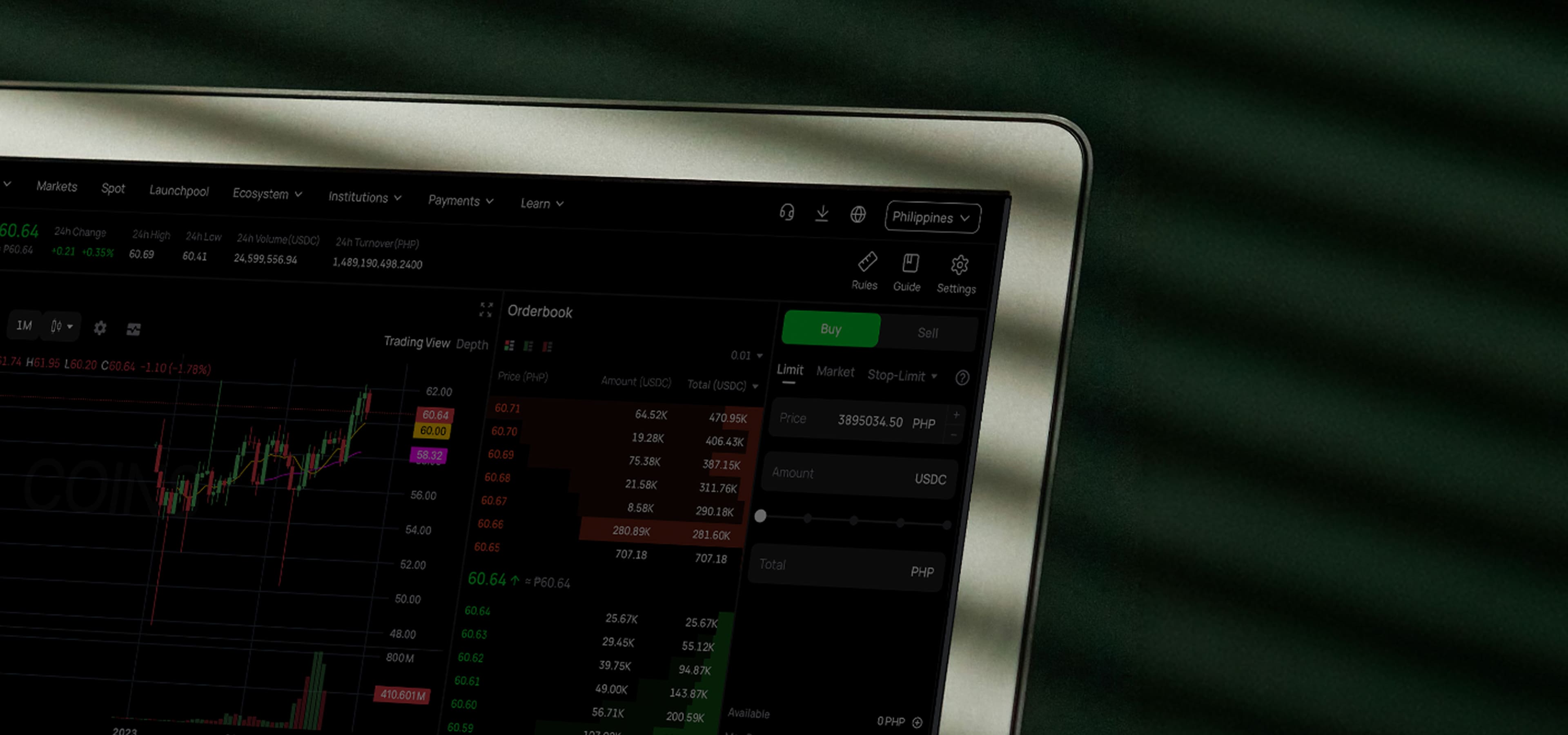 A laptop screen displaying a live cryptocurrency market chart with technical analysis indicators, representing Coins.ph institutional trading and deep order book liquidity